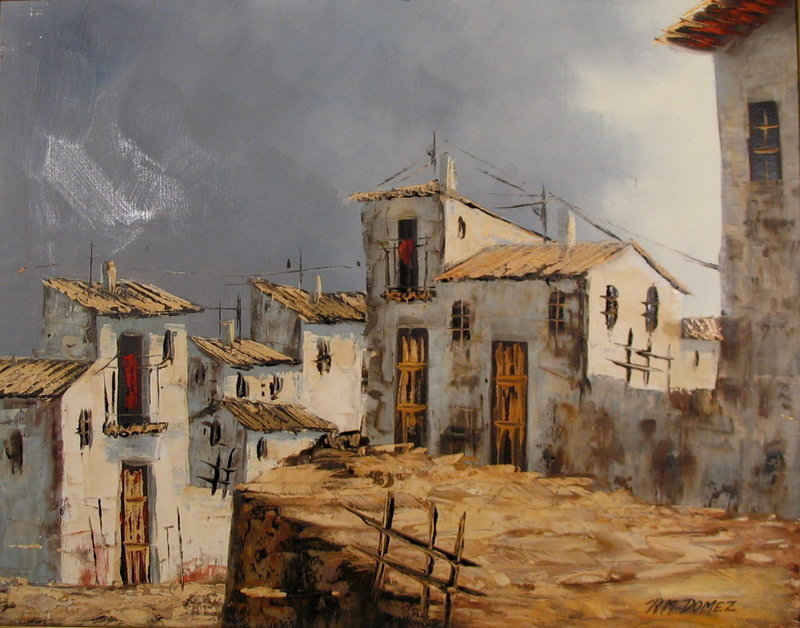 DESCRIPTION:  Oil on canvas painting of a Mexican pueblo (or village) by artist R. M. Domez.  The multi-story adobe structures with slanted roofs are seen in the escaping light of an approaching storm.  Frame is carved wood and gilt; dating from the first half of the 20th C. and in excellent condition.  DIMENSIONS:  Sight: 23 1/2" wide (59.6 cm) x 18 3/4" high (47.6 cm).  In the frame:  29" wide (73.7 cm) x 24 1/2" high (62.2). <div id='rater_target1293178'></div>

