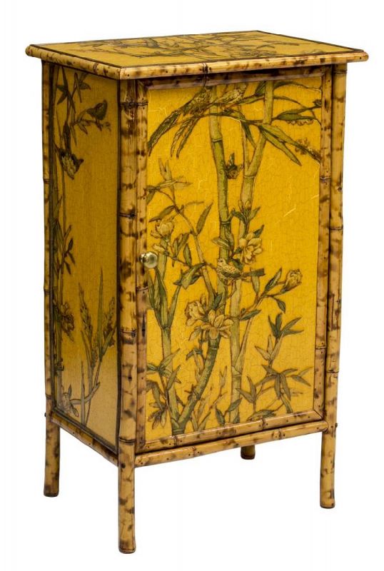 DESCRIPTION: A lovely Chinese bamboo-framed cabinet having painted scenes of bamboo and birds on a yellow ground.  The rectangular top is mounted over a door that opens to an interior cabinet with three shelves. A delightful piece for the bedroom or country/cottage interior, 20th C. Good condition with minor wear.  DIMENSIONS: 35.25" H x 20.5" W x 14.5" D.

<div id='rater_target1364090'></div>
