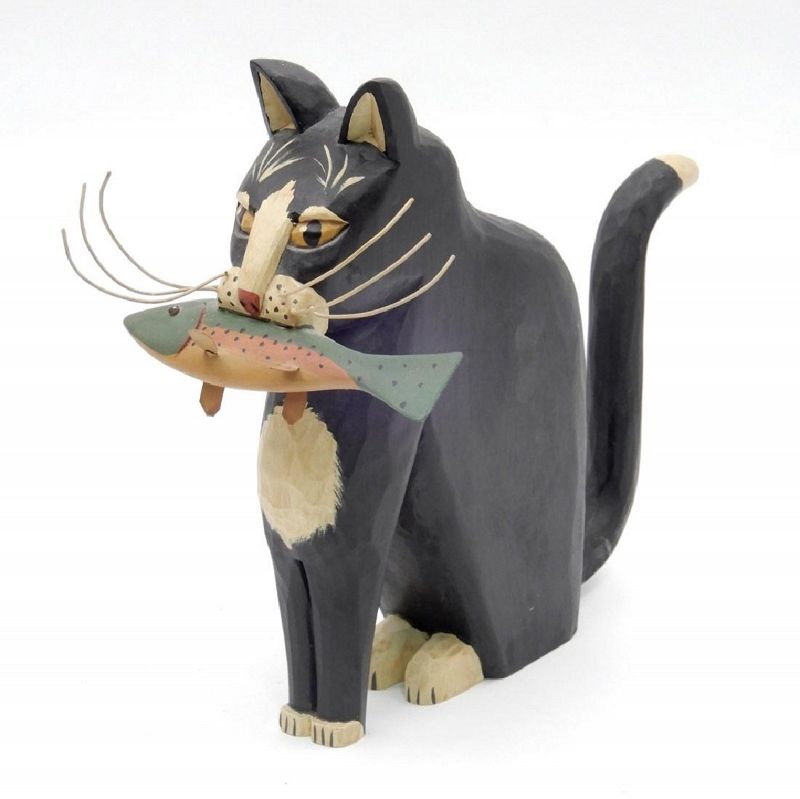 DESCRIPTION: A charming folk art sculpture depicting a seated blue & white cat holding a fish in its mouth under its long, curved whiskers.  By Pennsylvania contemporary folk artist and sculptor, G&G Hosfeld; artist signed and dated on bottom, "G&G Hosfeld, 1983, Souderton, PA."  Excellent condition; a warm and whimsical accent piece for your farmhouse, country or lake cabin décor.  DIMENSIONS: 8 1/4"wide x 11 7/8" high x 4 1/2" thick.
<div id='rater_target1370901'></div>
