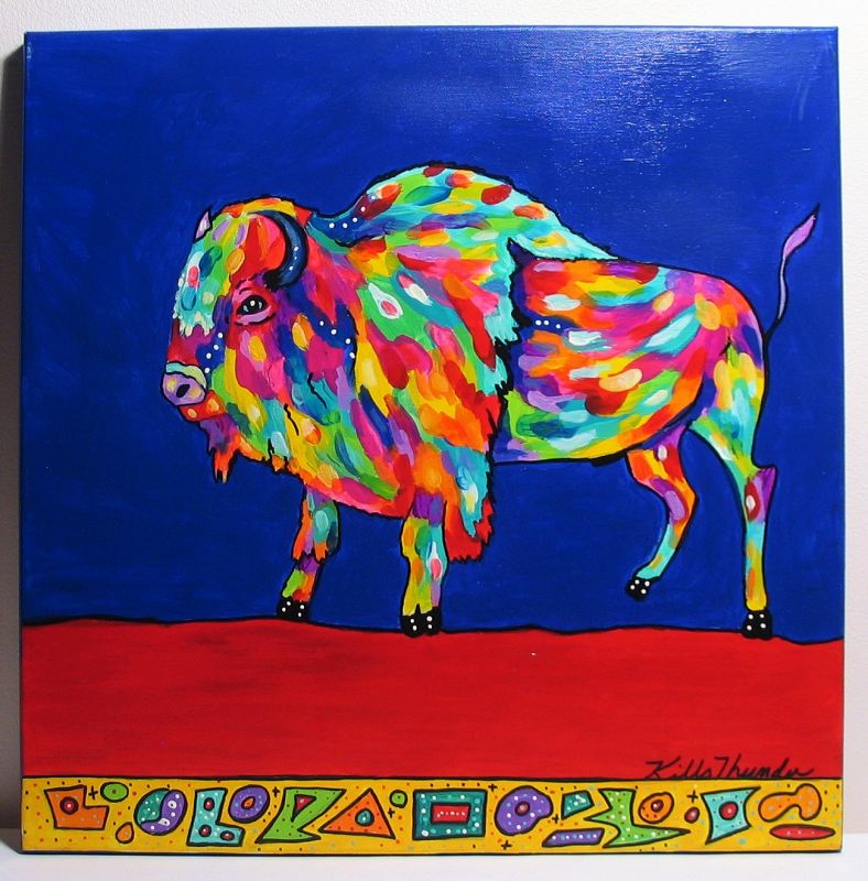 DESCRIPTION: Original acrylic painting, signed by the artist, of a bison in bold colors against a blue ground, 2016. Very good condition. DIMENSIONS: 20'' x 20”.  
<p>ABOUT THE ARTIST: Kathleen Kills Thunder (legal name), a Sioux Indian whose family was from the Fort Peck Indian Reservation in NE Montana, was born in 1947 in Seattle, WA. Her father, Ben Kills Thunder, was Sioux while her mother was Spanish/Irish. Kathy grew up painting and beading since a young child and uses a bright color palette and prodigious imagination in creating her painted and beaded work. Kathy currently lives in SE Arizona and raises buffalo when she is not pursuing her artistic endeavors.
<div id='rater_target1397254'></div>
