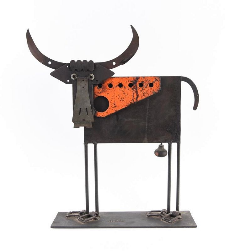 DESCRIPTION:  An appealing welded iron sculpture of a long-horned bull, crafted of found objects including washer eyes, belt buckle hooves and an old wooden door knob. Artist signed on the base; good condition. DIMENSIONS:  29" high x 25" wide x 6" deep.  W-FIG36  $640<div id='rater_target1410782'></div>
