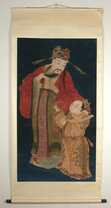 DESCRIPTION:  This richly colored and appealing Chinese scroll painting depicts a dignitary being given a large seal by his young servant. The scholar wears an elaborate headdress and strokes his long beard with one hand while looking down at the boy.  Both are dressed in sumptuous garments with decorative designs including floral garlands, cloud bands and geometrical patterns. Proudly the boy presents a large seal with a foo lion to his master who is patting him on the shoulder.  Dating from the late 18th or early 19th century, this large watercolor on paper would be a dynamic focal point in any interior.  There are some creases, minor flaking and touchups common for a scroll of this age, but the optical appearance is stunning.  DIMENSIONS:  Entire scroll:  83 ½” long (almost 7’) x 38 ½” wide.  Actual painting: 61 ¾” long x 34” wide.<div id='rater_target859288'></div>
