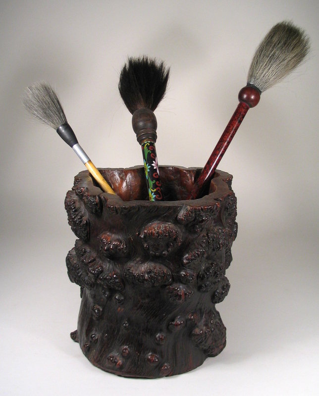 DESCRIPTION: A handsome Chinese scholar's brush pot crafted from burl root and hollowed well to hold a number of brushes (pictured here with three quality brushes we also have listed).  Its undulating form, texture and patina are striking to view, and its natural shape would have had great appeal to the Chinese scholar in his studio. Dating from the Qing dynasty, mid 19th C., this pot is in very good condition with a few inconsequential rim cracks; very solid and sturdy.  DIMENSIONS: 7 3/4" high (19.6 cm) x 8" diameter (20.3 cm). <div id='rater_target1242910'></div>
