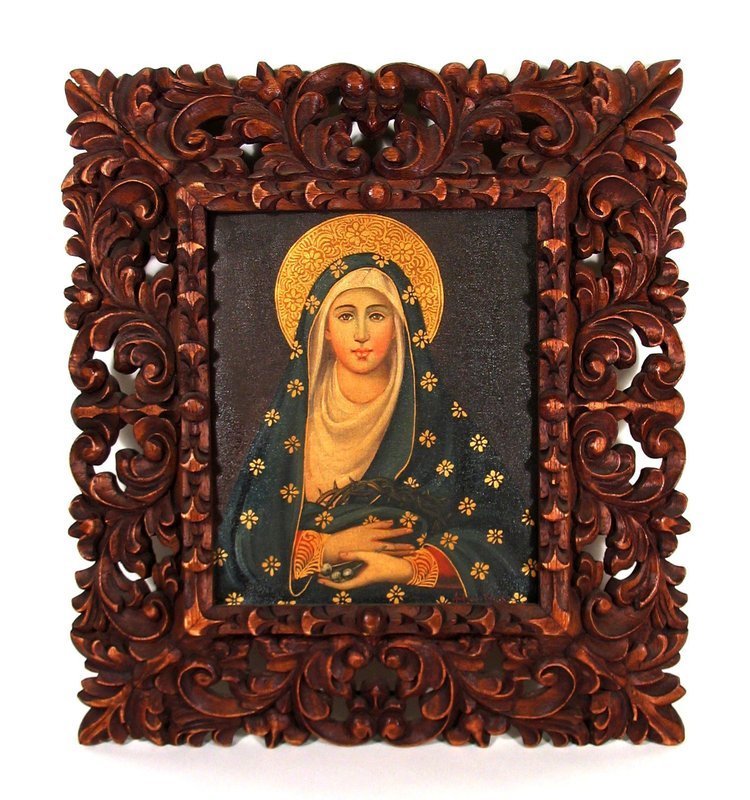 DESCRIPTION:  A fine Spanish Colonial Cuzco School painting of the Virgin Mary, originating from Cusco, Peru.  Here Mary is depicted with a golden halo looking straight at the viewer, wearing a royal blue robe with gold floral accents.  In her hands she holds the crown of thorns and nails; however her image is not one of sorrow but of great peace and serenity.  The painting is enclosed by its original, reverse-slant carved and pierced frame, very characteristic of the elaborate carvings made by indigenous Peruvian craftsmen.  Signed on lower right by Antonio Carmen and dating from the 1800's, the painting is in very good condition.  The frame has a slight separation at the top corners but is stable. DIMENSIONS:  Painting is 9 1/4" high (23.5 cm) x 7 5/8" wide (19.4 cm).  With entire frame, 17" high (43.2 cm) x 15 1/4" (38.8 cm) wide. 
<p>THE CUZCO SCHOOL:  The Cuzco School (Escuela Cuzqueña) was a Roman Catholic artistic tradition based in Cusco, Peru (the former capital of the Inca Empire) during the Colonial period of the 16th, 17th and 18th centuries.  It is considered the first artistic center that systematically taught European artistic techniques in the Americas, and was the most distinctive major school of painting in Spain's American colonies. In the Colonial period, the Spanish sent a group of religious artists to Cusco, who then formed a school for Quechua and mestizos peoples, teaching them the techniques of drawing and oil painting. Soon, Cusco became the main art center in the Andes highlands.  Eventually it spread to other cities in the Andes, as well as to present day Bolivia, Ecuador and Mexico.  

<p>This Spanish colonial art flourished in the New World where the native artists developed distinctive regional styles by combining native subjects with European artistic traditions.  Native and mestizo artists transformed the formal and iconographical styles of European art to create a uniquely American style of religious painting.  Favorite subjects included biblical narratives, hieratic figures of the Virgin and saints, and elaborately dressed archangels. Cuzco School paintings are characterized by their lack of perspective (giving them a flattened spatial appearance) and the predominance of red, yellow and earth colors.  They are also remarkable for their lavish use of gold leaf overlay (brocateado de oro), a strong decorative aesthetic, and idealized landscapes that often include brightly colored tropical birds.  <div id='rater_target1302220'></div>
