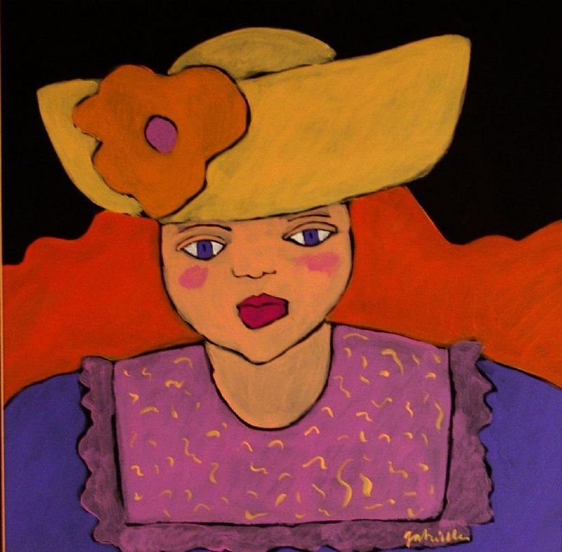DESCRIPTION: A delightful portrait of a girl in a hat by Gabrielle Denton, a well known New Mexico folk art painter from Las Cruces, NM. In this simplistic but expressive study, a girl with soulful blue eyes stares directly at the viewer while wearing a large yellow hat with flower. Original gouache, artist signed lower right, well matted and framed in copper-umber hues. DIMENSIONS:  Actual painting is 12 ¾” x 12 ¾”.  Frame dimensions are 26" x 26." 
<div id='rater_target1365430'></div>
