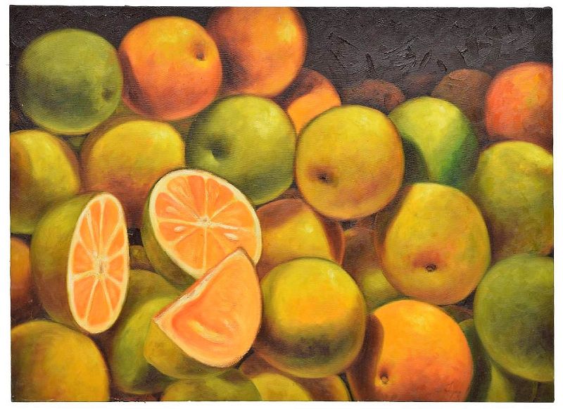 DESCRIPTION: An original oil painting on stretched canvas featuring dozens of oranges, both cut and whole.  Signed lower right and verso “Lopez,” also on verso, "Naranjas, oleo eta, 30 x 40, Lopez.” DIMENSIONS: 30" high x 40"wide, 3.75lbs.
<div id='rater_target1375447'></div>
