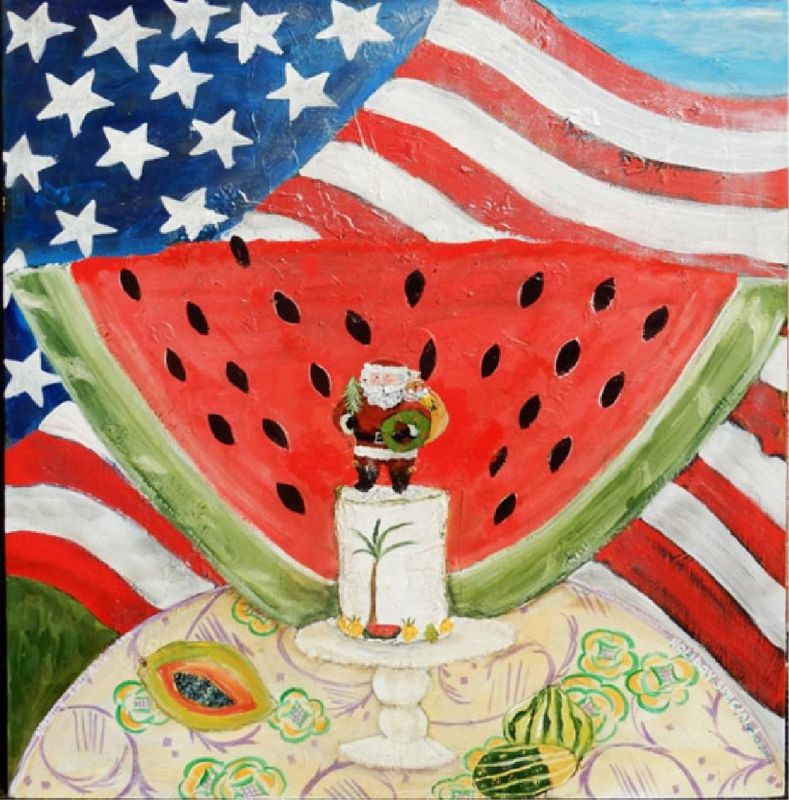 DESCRIPTION: A colorful, contemporary folk art oil painting "in the style of" Nancy Thomas.  Painting features a slice of watermelon, a small Santa figure, and various fruits and vegetables all arranged on a flowered tablecloth. A large American Flag serves as a dynamic backdrop.  Signed lower left, “Nancy Thomas, 2003” (signature unverified) and lower right, "Holiday Special."  CONDITION: No visible defects. DIMENSIONS: Sight size 48" x 42", unframed.

 

<div id='rater_target1377811'></div>
