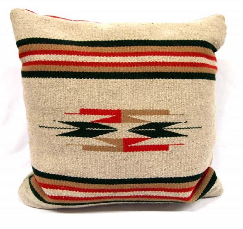 DESCRIPTION: A Southwestern hand woven wool "mesa design" pillow, the front with a center geometric design bordered top and bottom by red, tan and black stripes. The back continues the color motif with a patchwork wool pattern. Excellent condition, bright, beautiful colors, pillow included. DIMENSIONS: 16 inches square.
<div id='rater_target1378254'></div>
