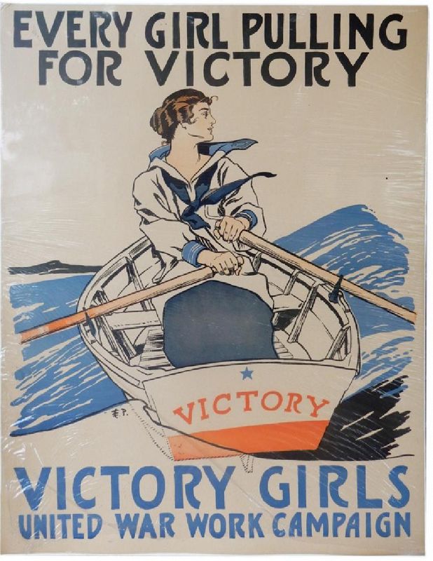 DESCRIPTION: E. (Edward) P. (Penfield) WWI patriotic lithographic poster, "Every Girl Pulling for Victory", featuring a young woman rowing a boat named “VICTORY.” Caption at base reads, “VICTORY GIRLS, UNITED WAR WORK CAMPAIGN.” Signed lower left; very good condition, no fading or defects visible. DIMENSIONS:  27 1/2" H x 22 1/4" W.
<P>HISTORICAL BACKGROUND:  The United War Work Campaign was a joint effort undertaken by seven voluntary organizations active during World War I: the National War Work Council of the YMCA, the War Work Council of the YWCA, the National Catholic War Council (Knights of Columbus), the Jewish Welfare Board, the War Camp Community Service, the American Library Association, and the Salvation Army. The aim of the campaign was for these seven organizations to raise at least $170,500,000 in subscriptions and pledges during the week of November 11–18, 1918, to help boost American soldiers’ morale and provide them with recreational activities.
<div id='rater_target1380131'></div>
